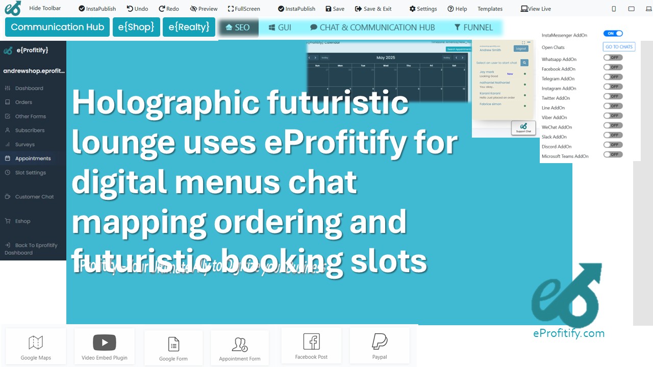 Holographic futuristic lounge uses eProfitify for digital menus chat mapping ordering and futuristic booking slots